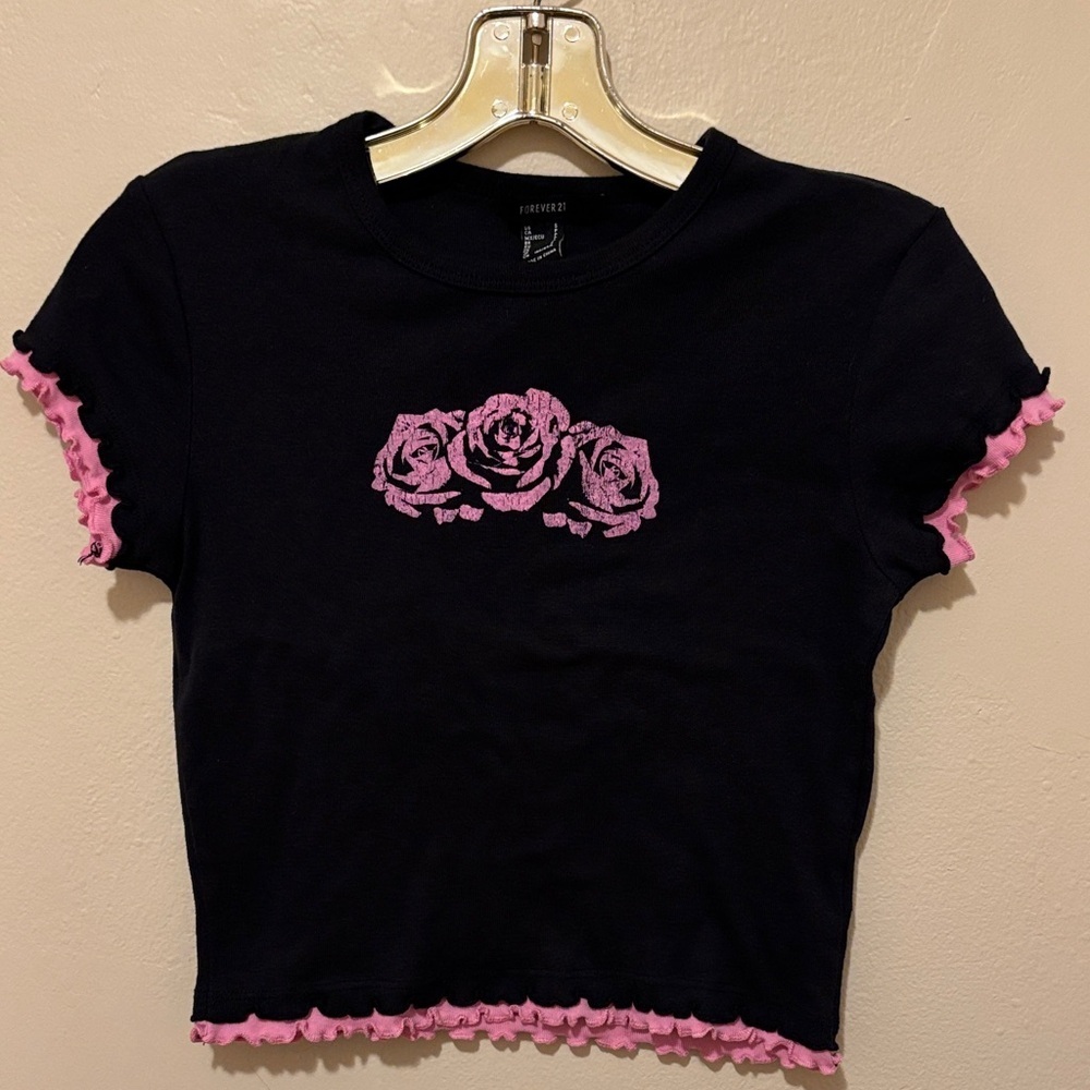 Forever 21 Black Crop Top with Pink Floral Accents